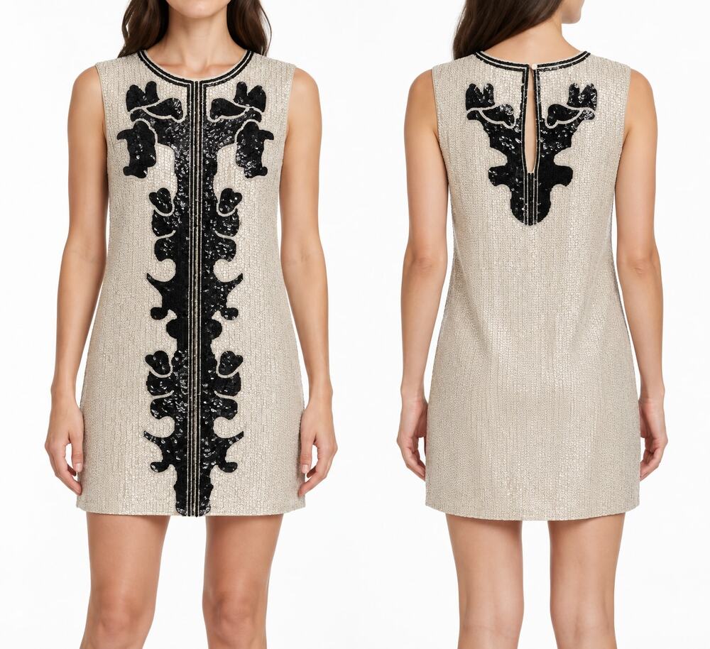 BCBGMAXAZRIA Geri Dust Combo Sequin Motif Shift Dress XXS 2XS Cocktail Dress